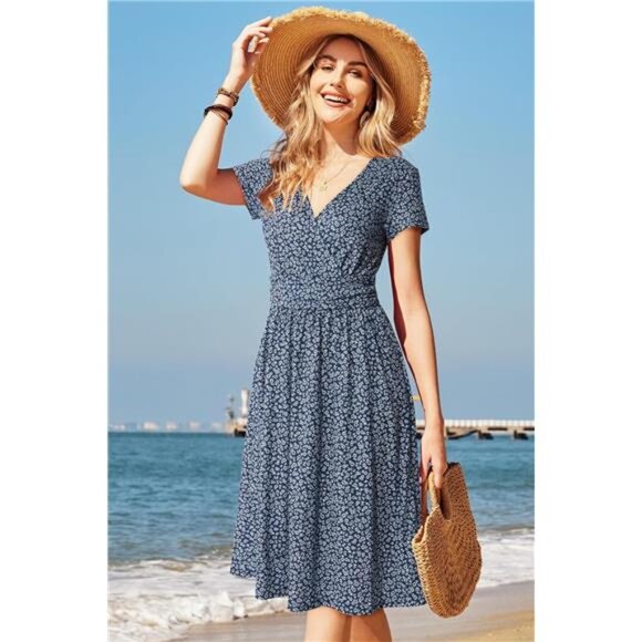 Women's Summer Short Sleeve V-Neck Floral Short Party Dress with Pockets - Picture 2 of 6